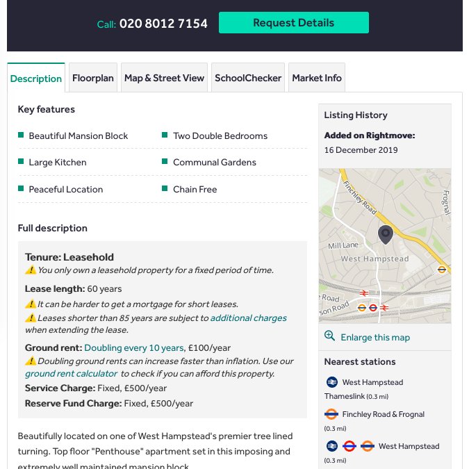 Example leasehold listing with statutory information and warnings